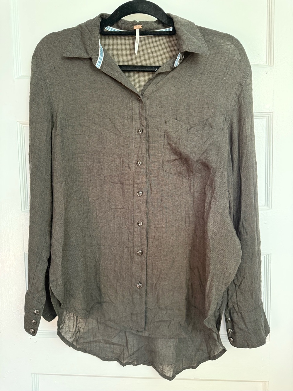 Free People Black Resortcore Grunge Bohemian Lightweight Button-Down Shirt Sz XS